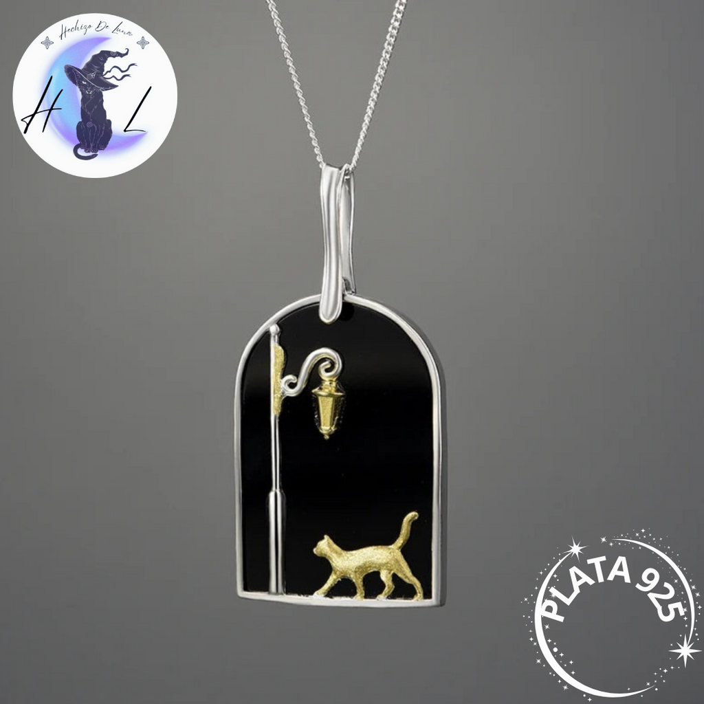 Colgante De Plata Gato De Noche Con Ágata Negra.