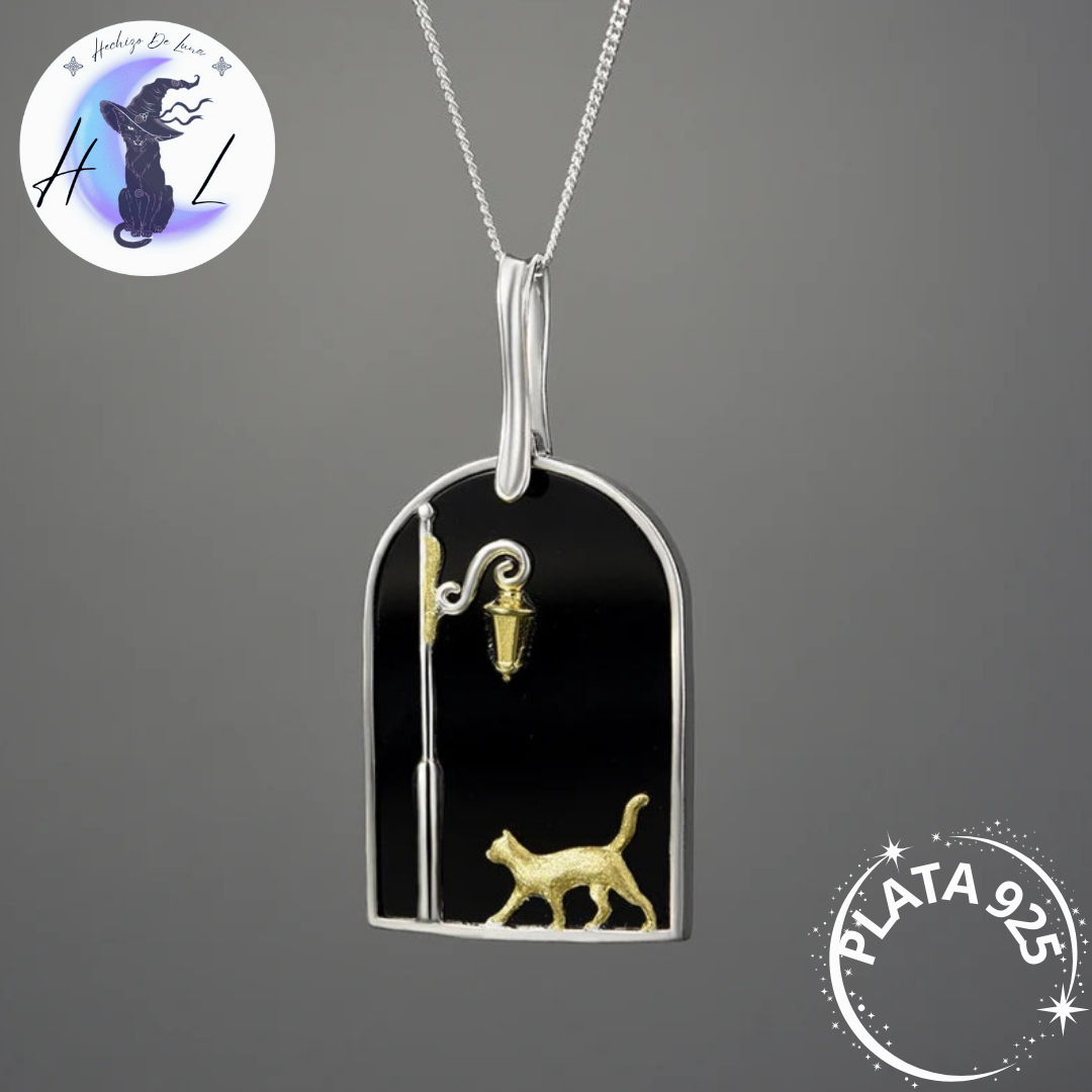 Colgante De Plata Gato De Noche Con Ágata Negra.