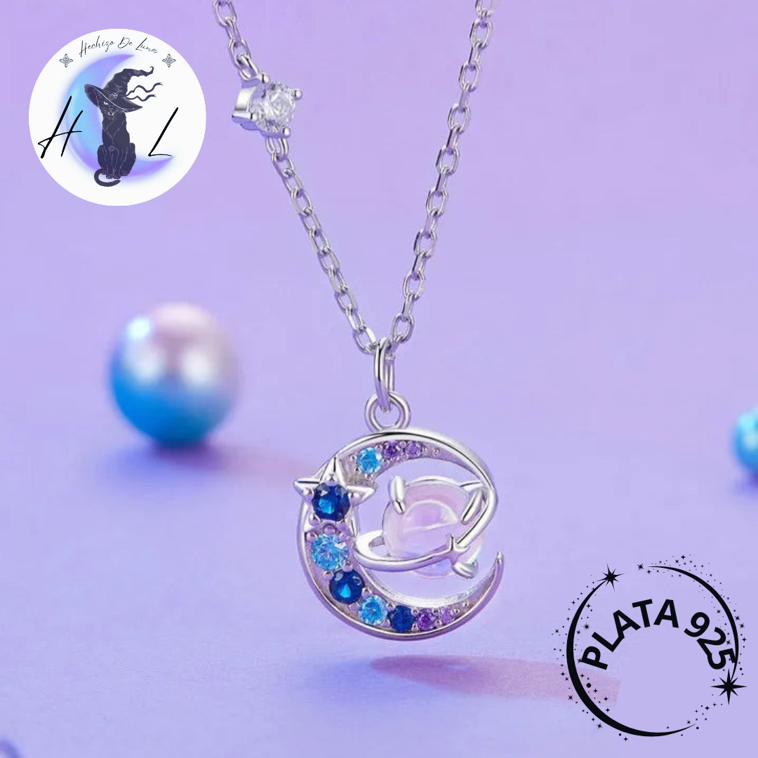 Collar De Plata Luna Y Planeta Con Circón.