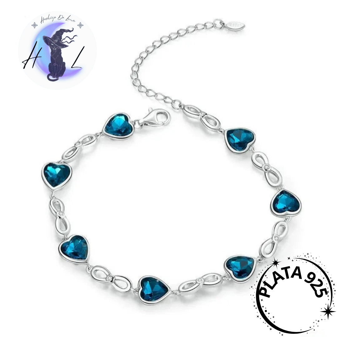 Pulsera De Plata Con Corazones Azules Y Circón.