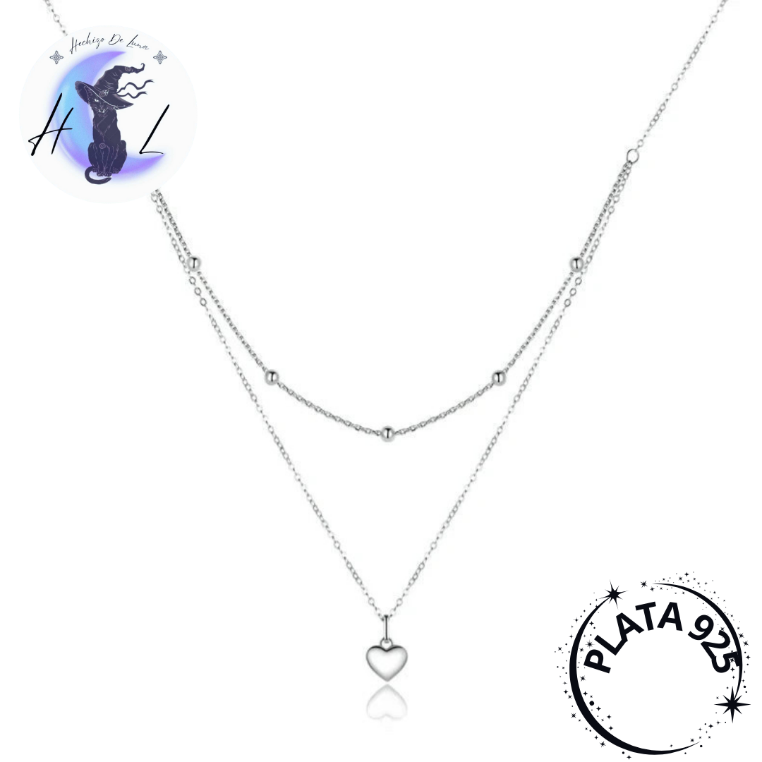 Collar De Plata Doble Capa Diseño De Corazón.