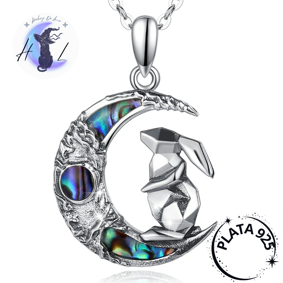 Colgante Conejo y Luna de Abulón de Plata.