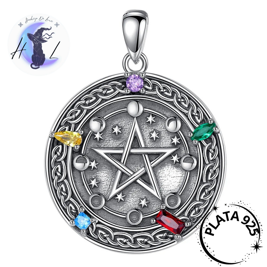 Colgante De Plata Y Circón, Con Pentáculo y Fase Lunar