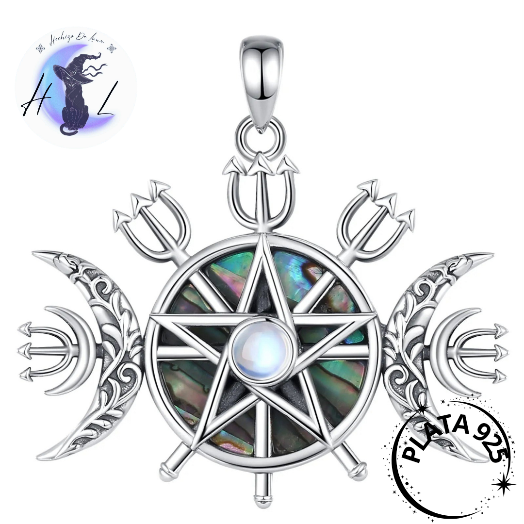 Colgante De Plata Triple Luna Y Pentáculo Con Ópalo Y Abulón.