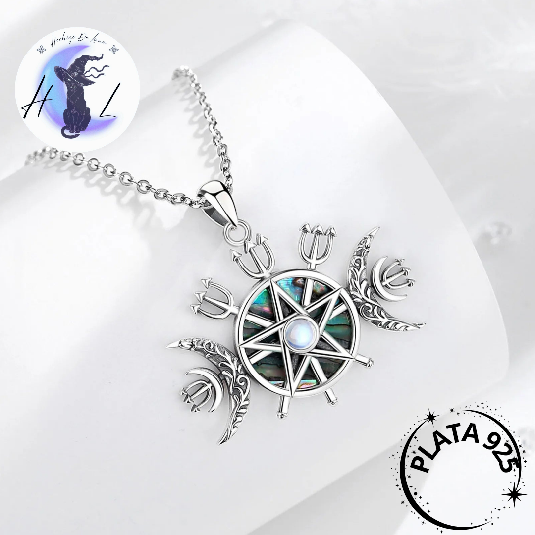 Colgante De Plata Triple Luna Y Pentáculo Con Ópalo Y Abulón.
