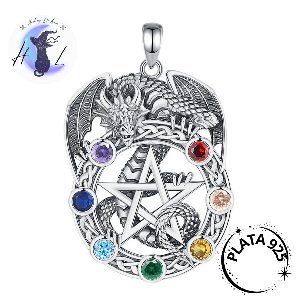 Colgante De Plata Y Circón, Diseño De Dragón Con Pentáculo 7 Chakras.