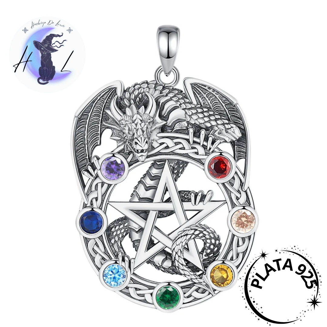 Colgante De Plata Y Circón, Diseño De Dragón Con Pentáculo 7 Chakras.