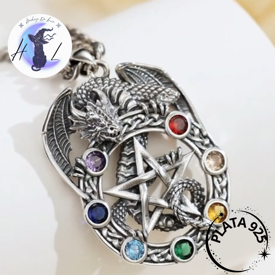 Colgante De Plata Y Circón, Diseño De Dragón Con Pentáculo 7 Chakras.