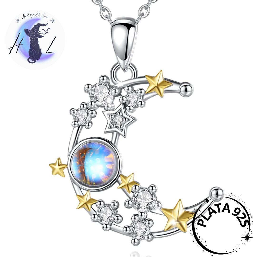 Colgante De Plata, Circón Y Ópalo De Luna Y Estrellas.