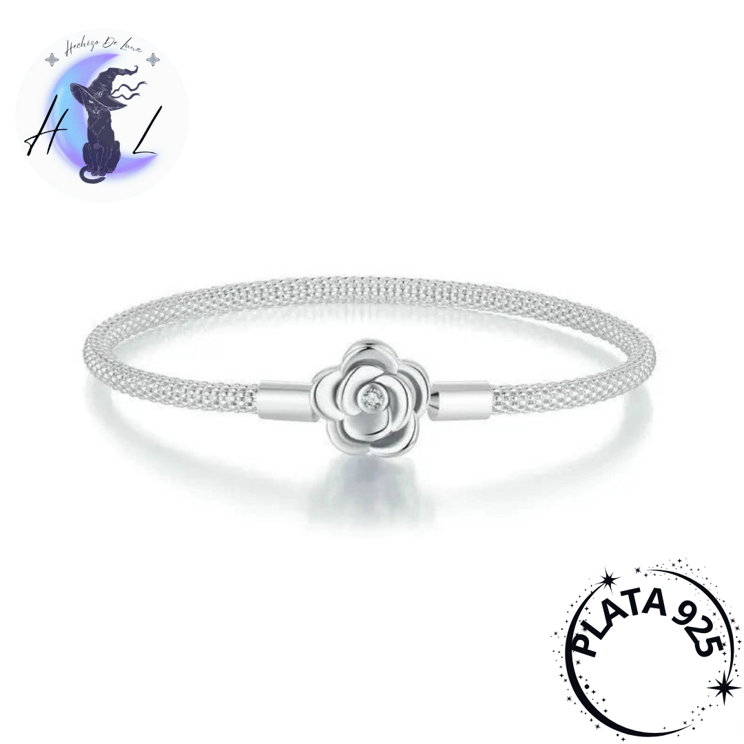 Pulsera De Plata, Diseño De Rosa, Compatible Con Charms.