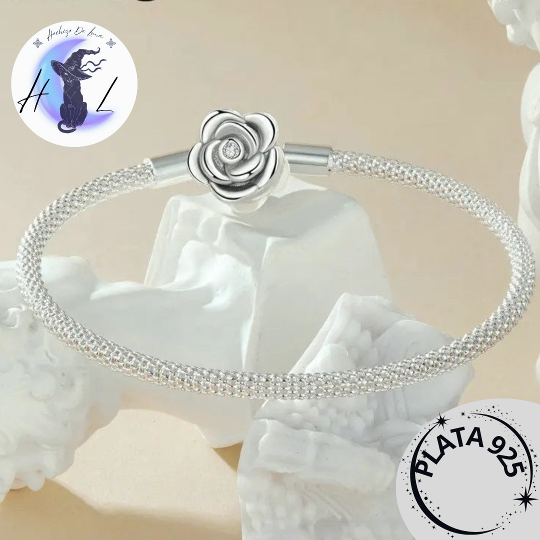 Pulsera De Plata, Diseño De Rosa, Compatible Con Charms.