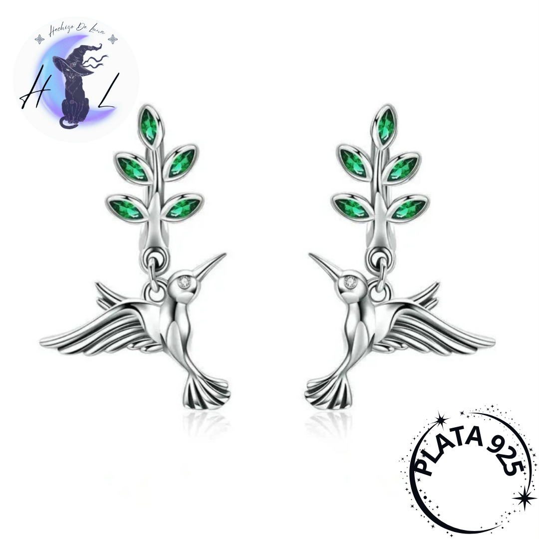 Aros De Plata Y Circón Verde, Diseño Colibrí.