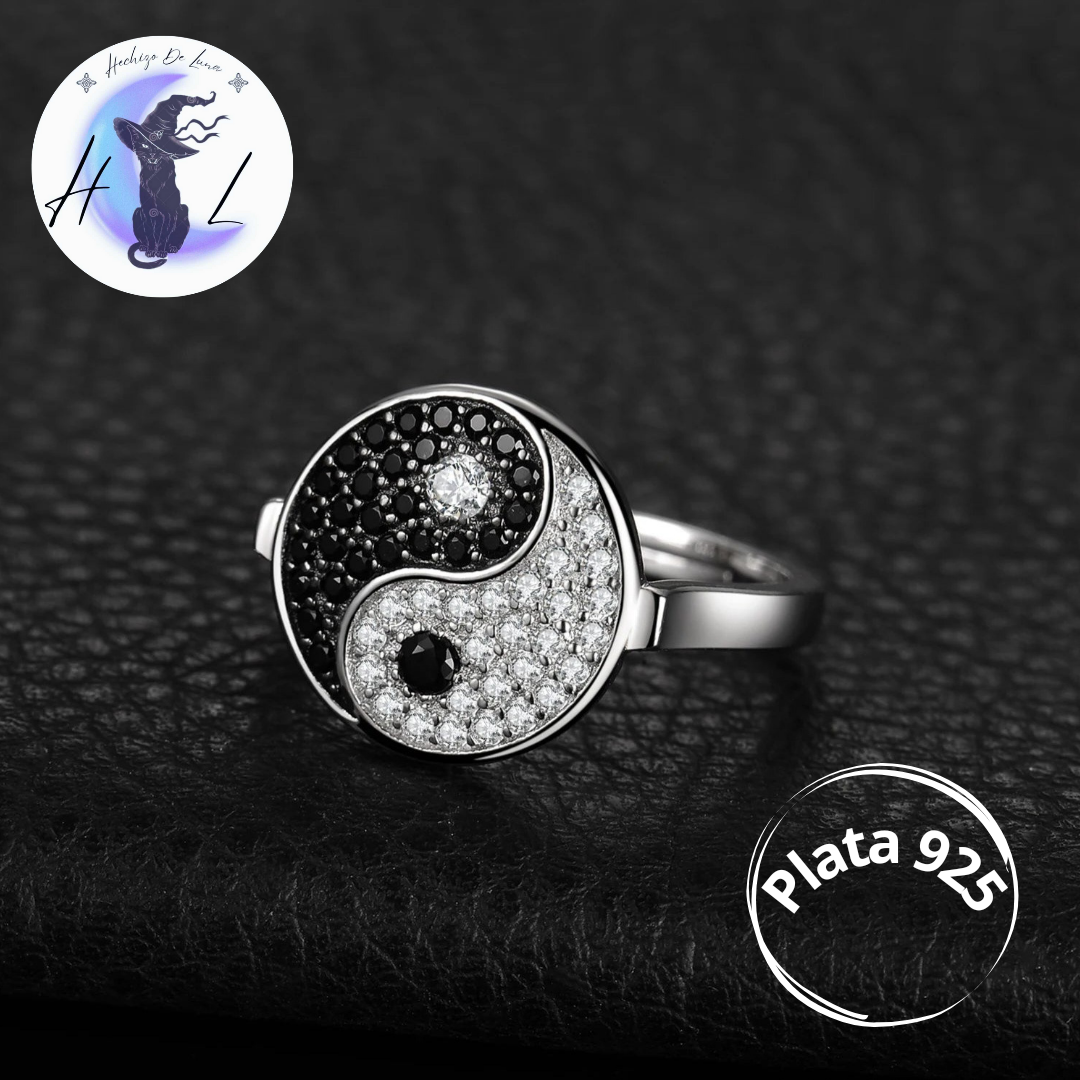 Anillo De Plata Y Espinela, Ajustable, Diseño Yin Yang.