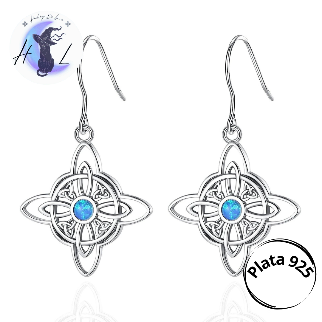 Aros Colgantes De Plata Y Ópalo, Diseño Nudo De Bruja Y Triqueta.