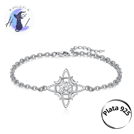 Pulsera De Plata, Diseño Nudo De Bruja Con Pentáculo.