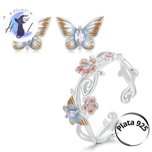 Conjunto Diseño Mariposas Y Flores de plata.