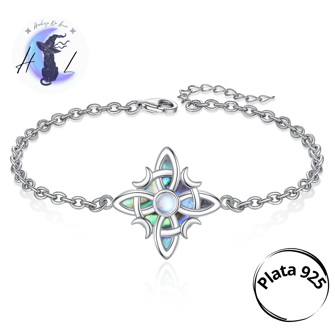 Pulsera De Plata Y Abulón, Diseño Nudo De Bruja Y Media Luna.