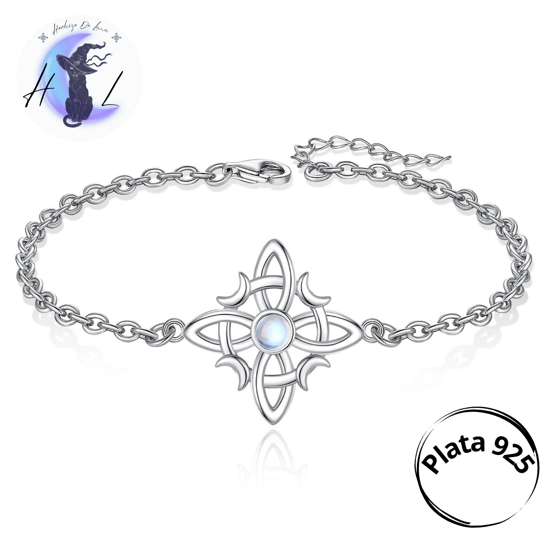 Pulsera De Plata, Diseño Nudo De Bruja Y Media Luna.