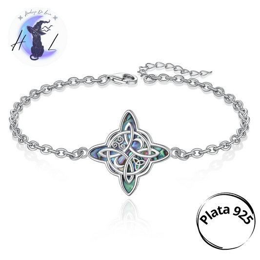 Pulsera De Plata Y Abulón, Diseño Nudo De Bruja, Triqueta, Trisquel Y Media Luna.