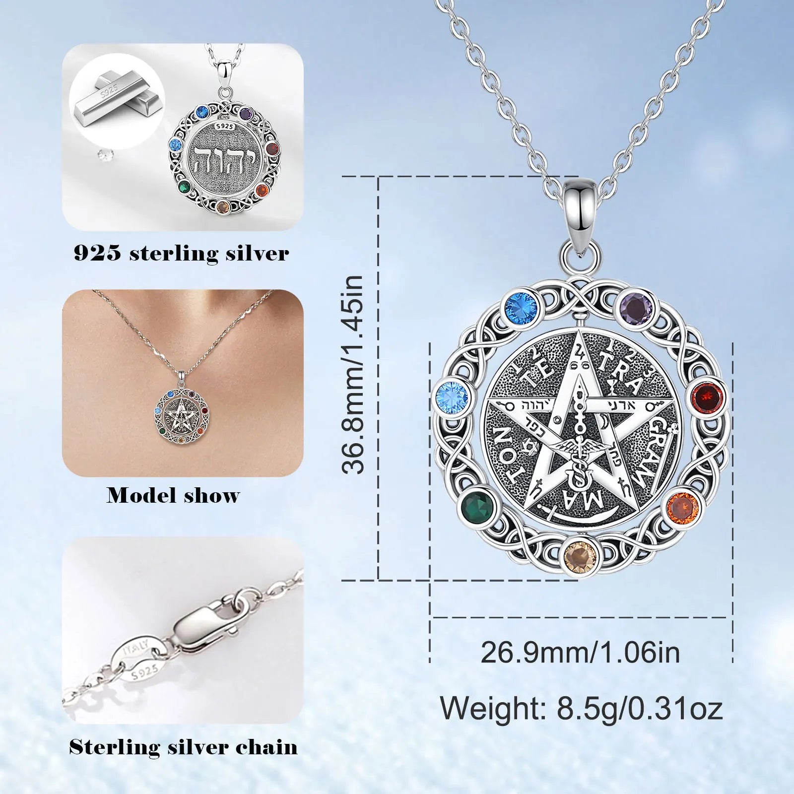 Colgante Tetragrámaton Giratorio Con Piedras De Los 7 Chakras De Plata.