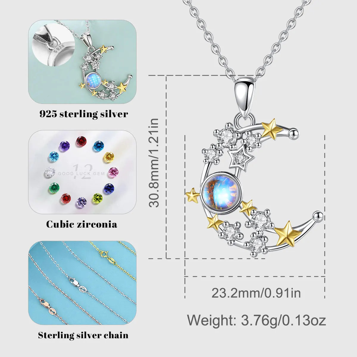 Colgante De Plata, Circón Y Ópalo De Luna Y Estrellas.