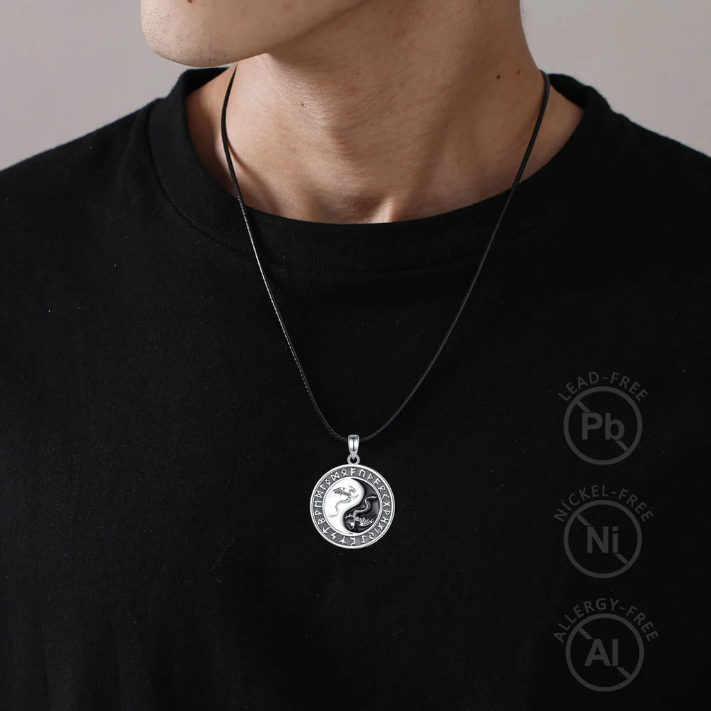 Colgante De Plata, Diseño Yin Yang Dragones Y Runas Vikingas.