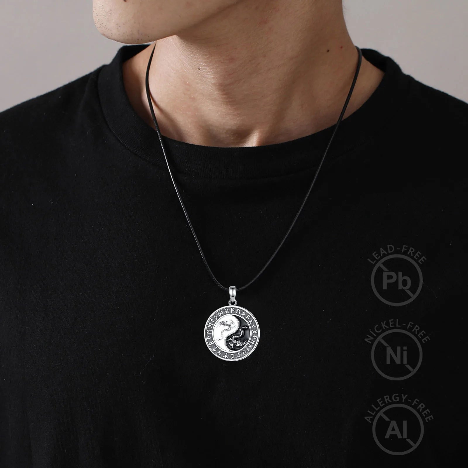 Colgante De Plata, Diseño Yin Yang Dragones Y Runas Vikingas.