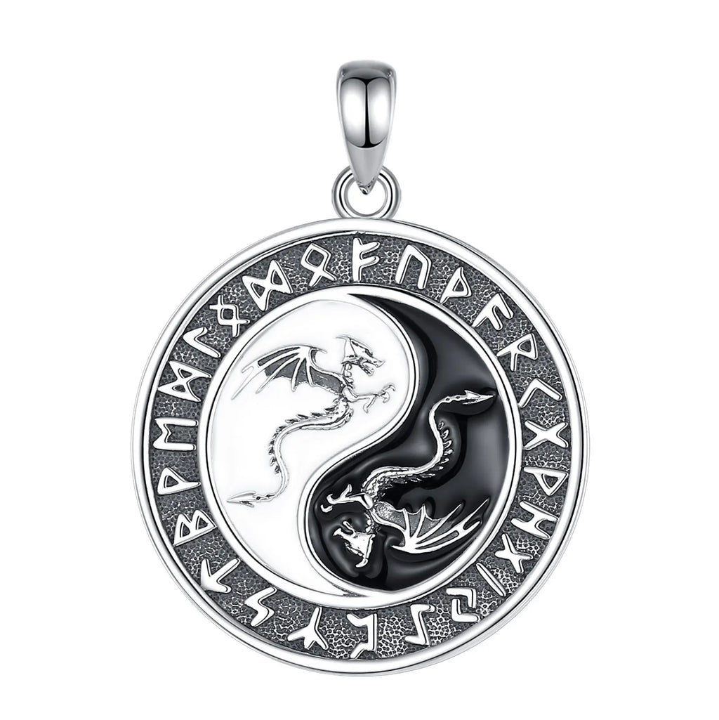 Colgante De Plata, Diseño Yin Yang Dragones Y Runas Vikingas.