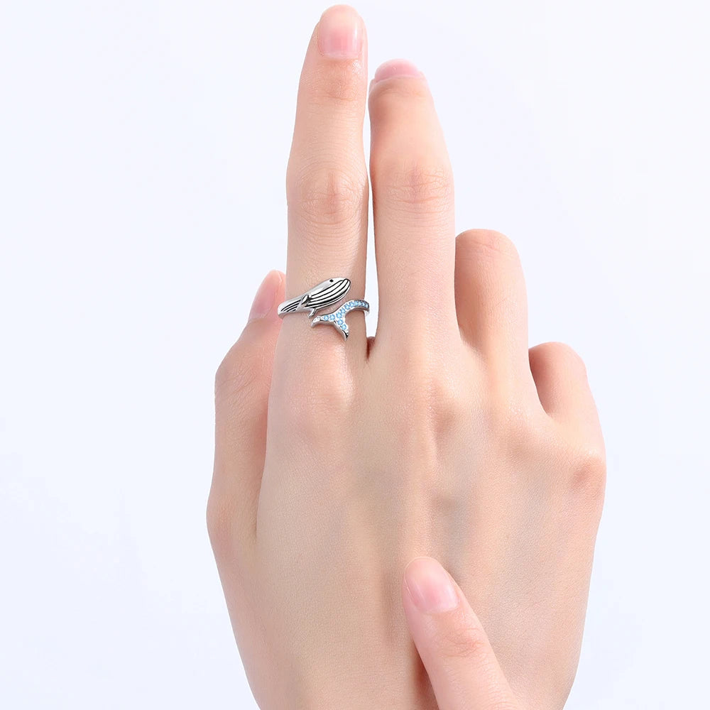 Anillo De Plata Y Circones, Ajustable, Diseño De Ballena.