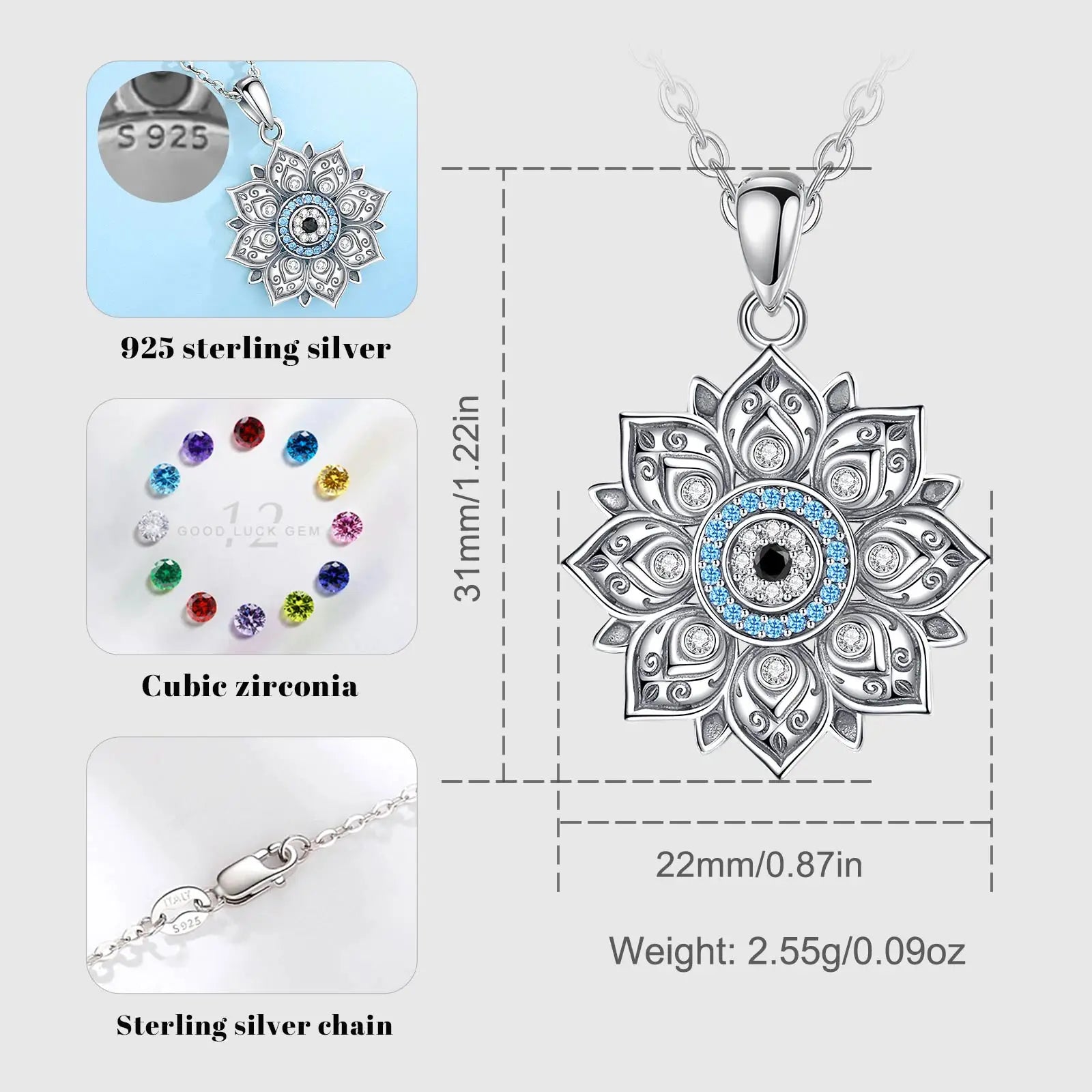Colgante De Plata Flor De Loto Con Ojo Turco y Circones.