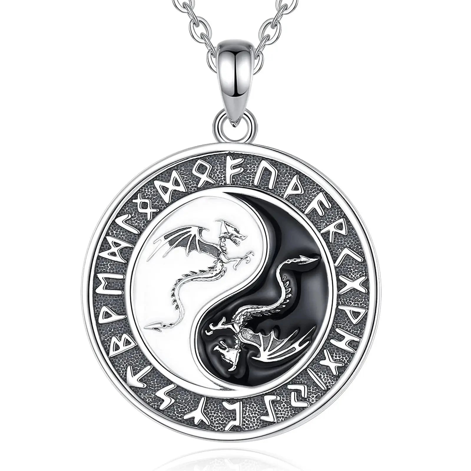 Colgante De Plata, Diseño Yin Yang Dragones Y Runas Vikingas.