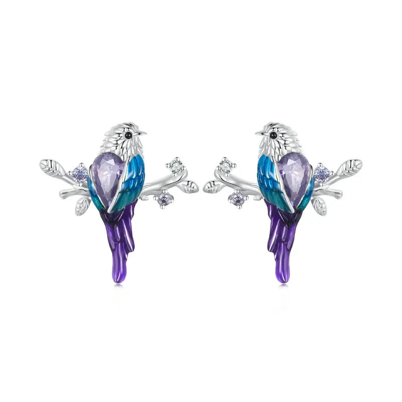 Conjunto De Plata Aros y Collar Ave De Colores.