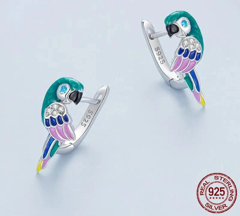 Aros De Plata, Esmalte Y Circón, Diseño Loro De Colores.