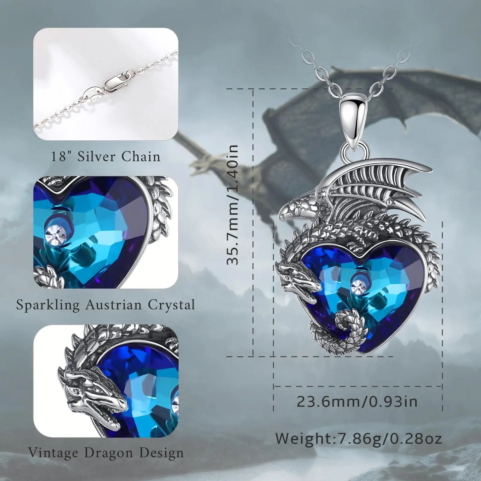 Colgante De Plata Y Cristal Austriaco, Diseño Corazón Y Dragón.