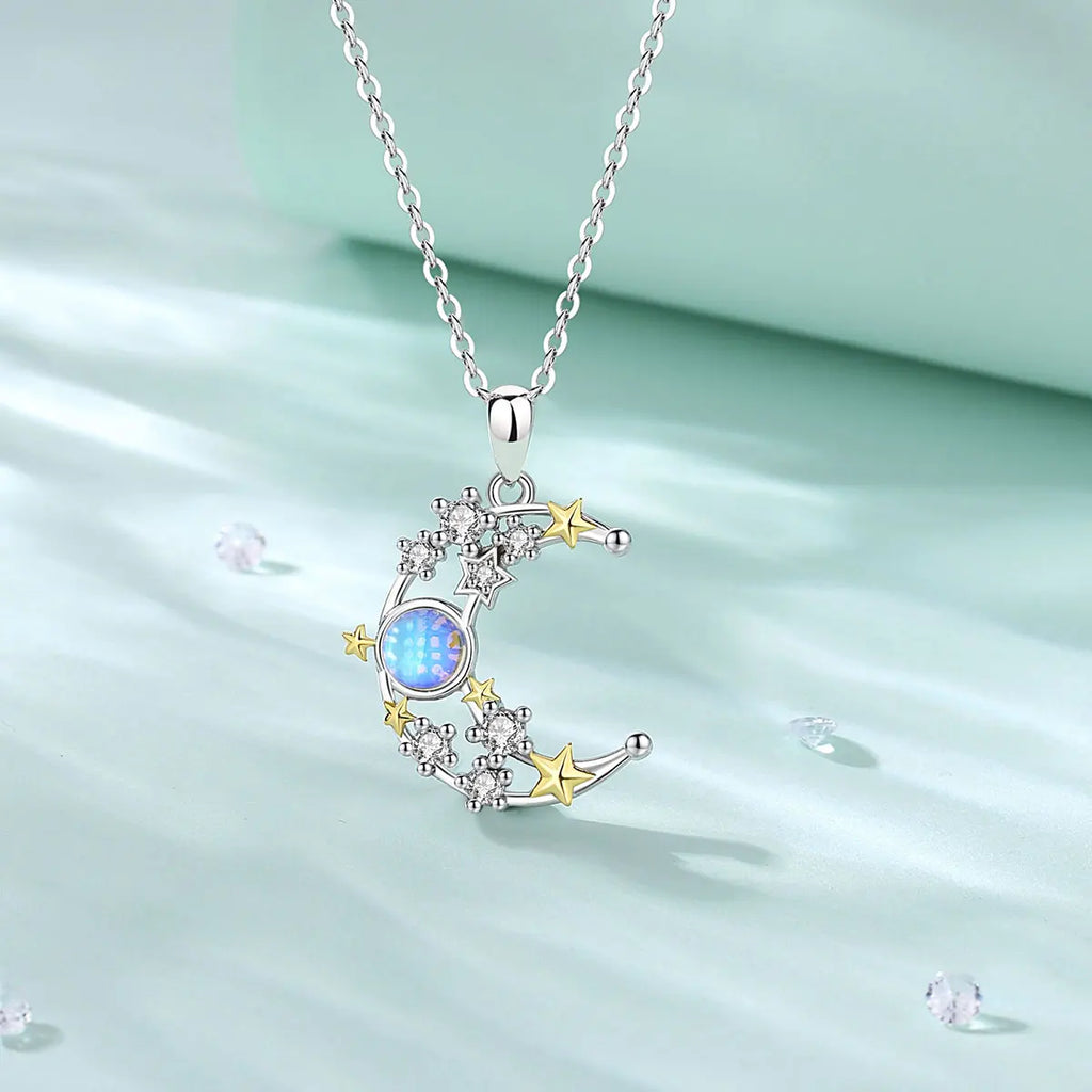 Colgante De Plata, Circón Y Ópalo De Luna Y Estrellas.