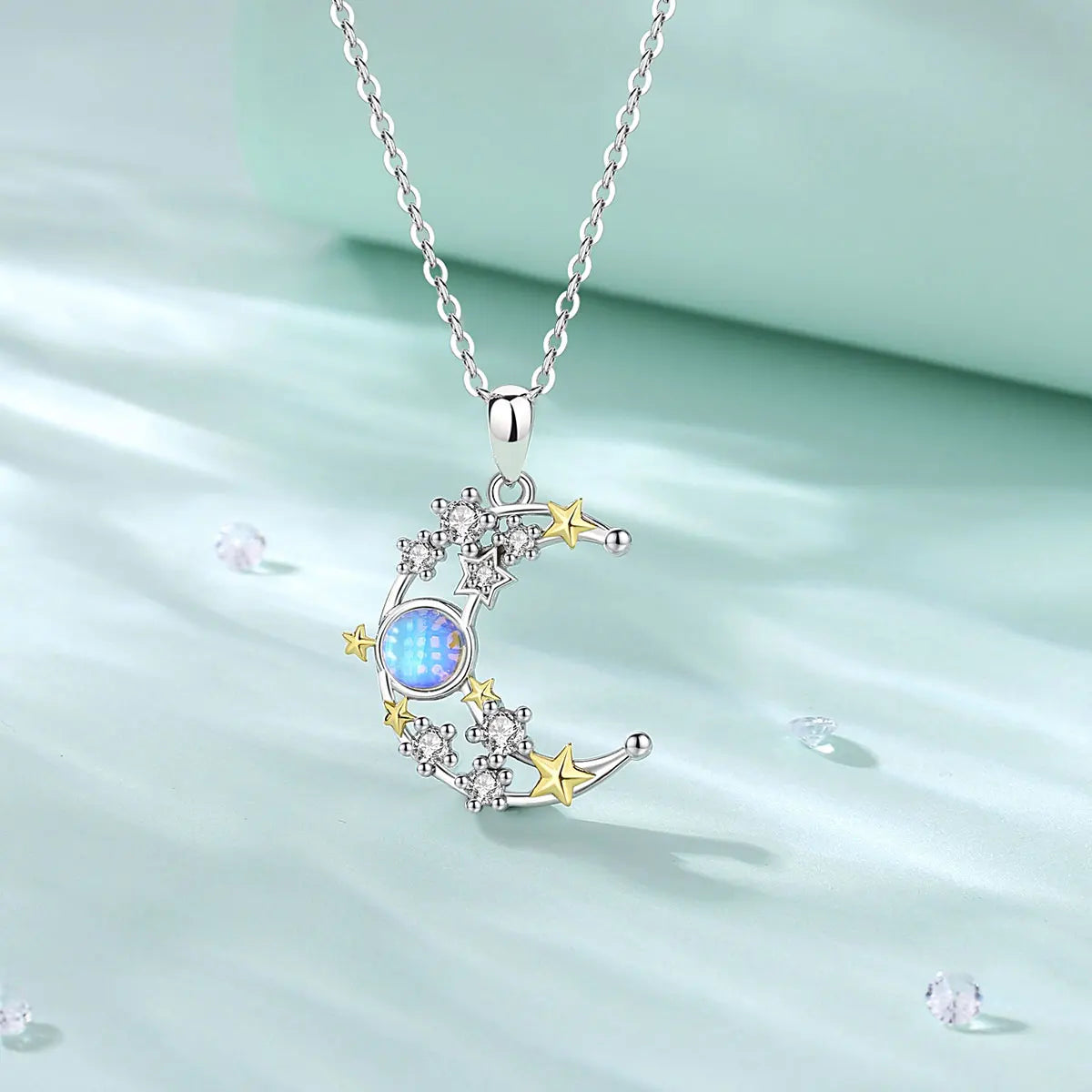 Colgante De Plata, Circón Y Ópalo De Luna Y Estrellas.