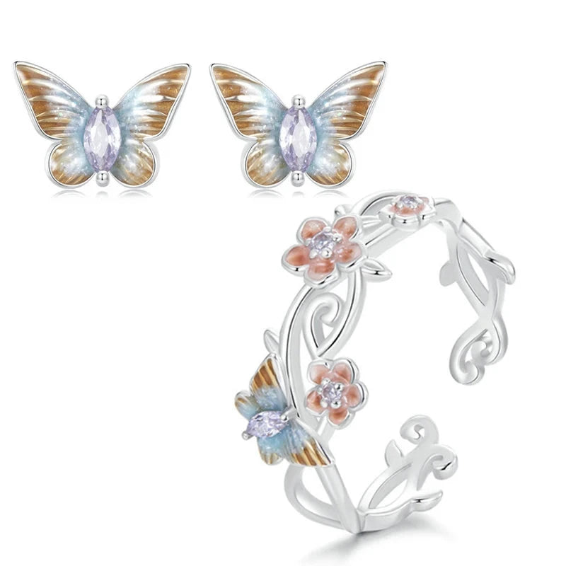 Conjunto Diseño Mariposas Y Flores de plata.