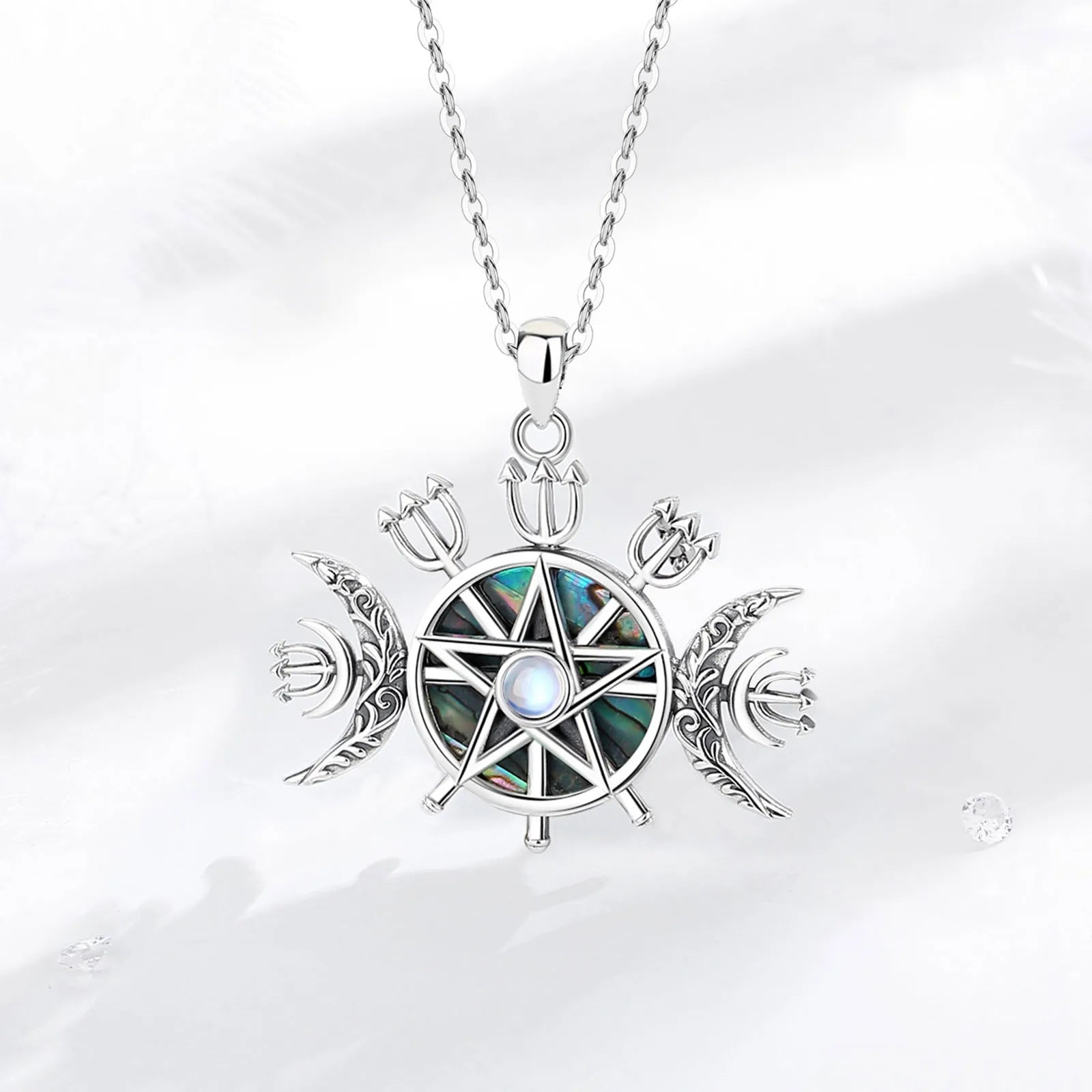 Colgante De Plata Triple Luna Y Pentáculo Con Ópalo Y Abulón.