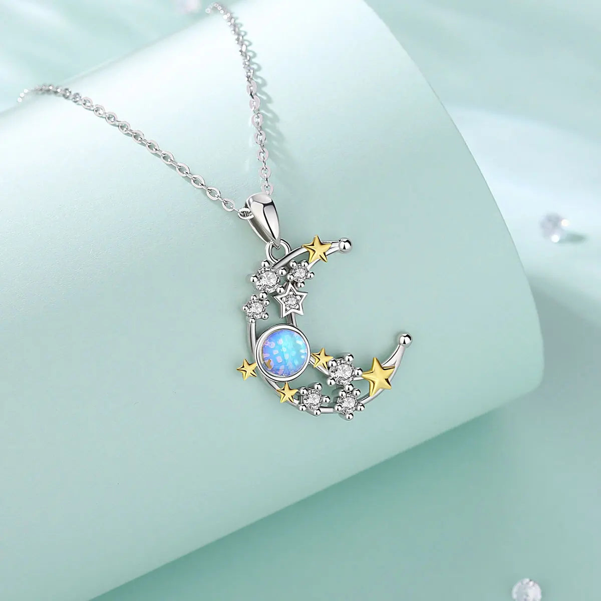 Colgante De Plata, Circón Y Ópalo De Luna Y Estrellas.