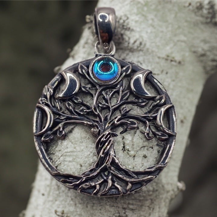 Colgante Árbol de la Vida con Piedra y Triple Luna con Cadena de Plata 50 cm.