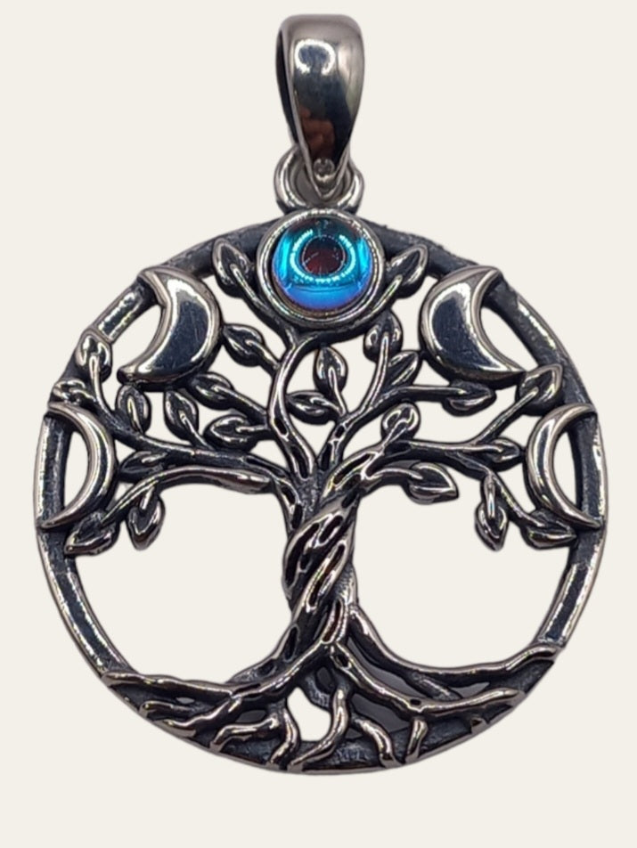 Colgante Árbol de la Vida con Piedra y Triple Luna con Cadena de Plata 50 cm.