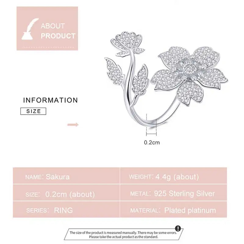 Anillo Ajustable De Flor De Sakura Con Circones De Plata.