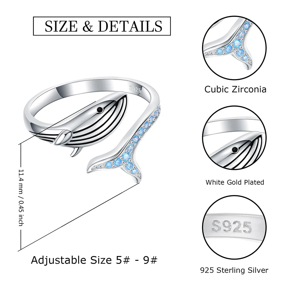 Anillo De Plata Y Circones, Ajustable, Diseño De Ballena.