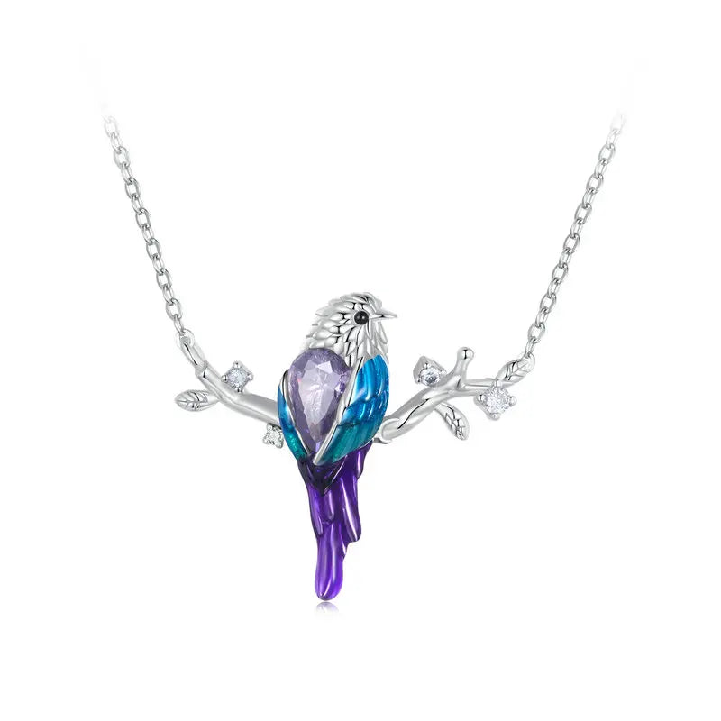 Conjunto De Plata Aros y Collar Ave De Colores.