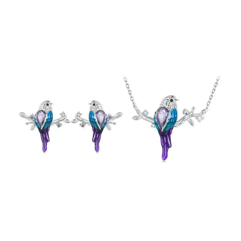 Conjunto De Plata Aros y Collar Ave De Colores.
