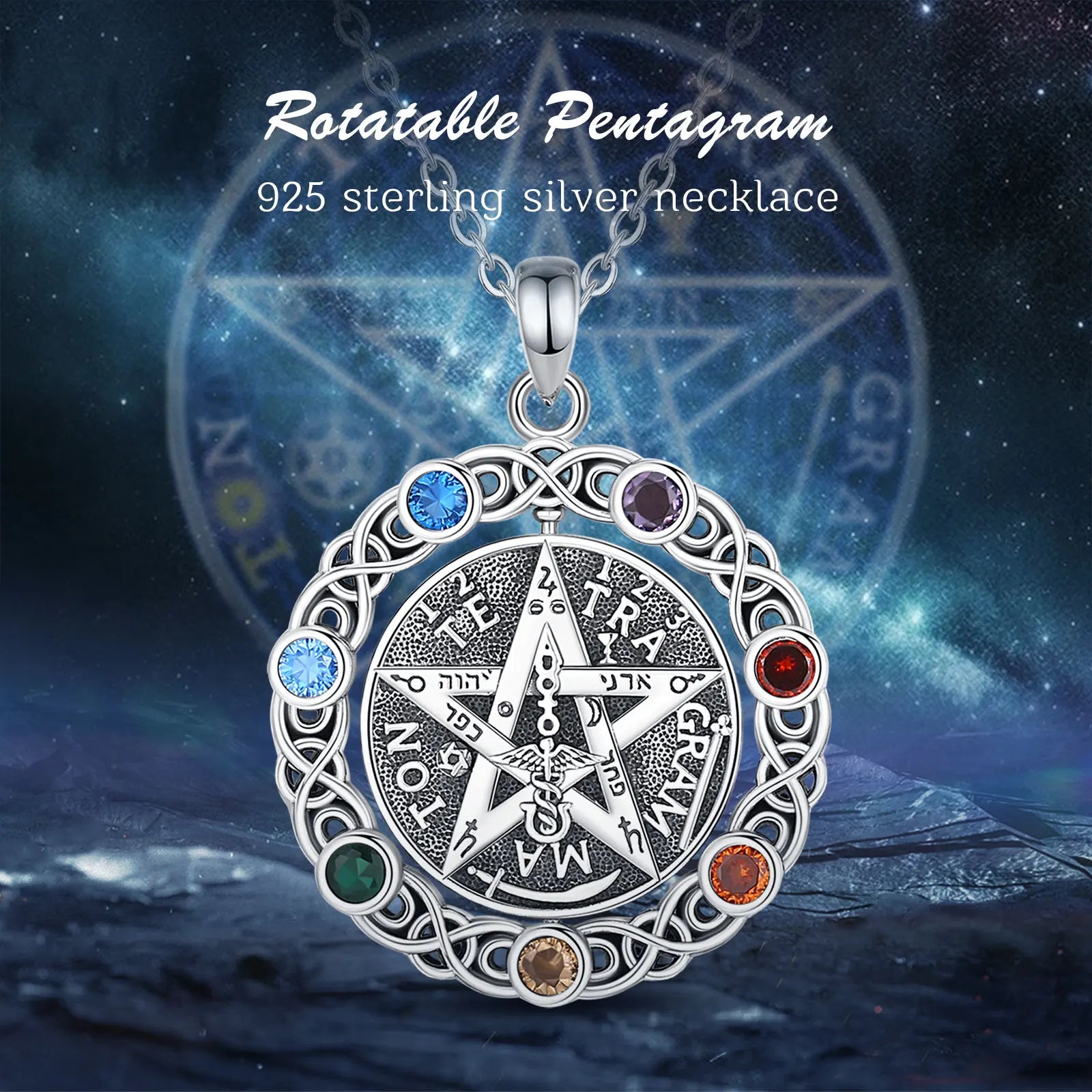 Colgante Tetragrámaton Giratorio Con Piedras De Los 7 Chakras De Plata.