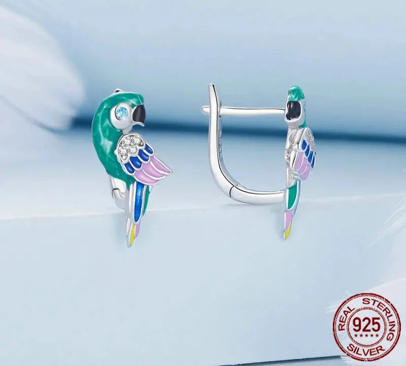 Aros De Plata, Esmalte Y Circón, Diseño Loro De Colores.
