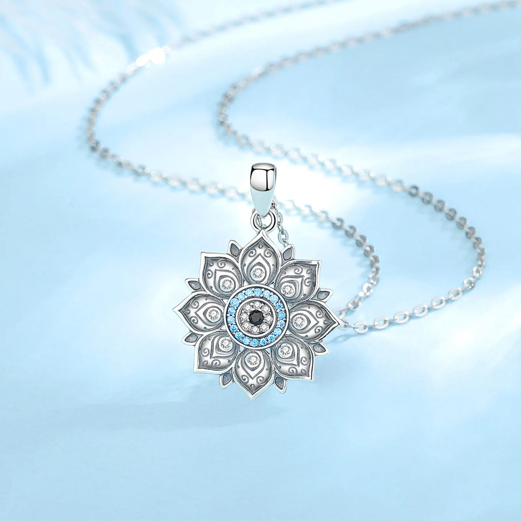 Colgante De Plata Flor De Loto Con Ojo Turco y Circones.