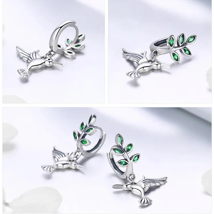 Aros De Plata Y Circón Verde, Diseño Colibrí.