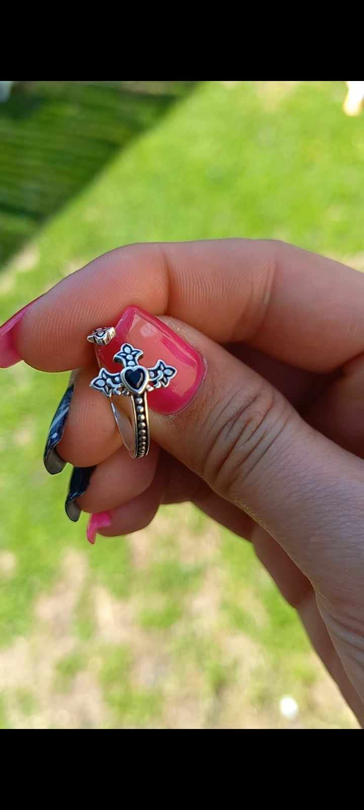 Conjunto Anillo Ajustable + Aros de Cruz Corazón con Circonita. Plata 925.
